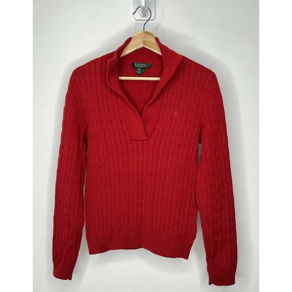 Ralph Lauren Sweaters - Ralph Lauren Cable Knit Sweater Womens Large Red Shawl Collar V-Neck Pullover